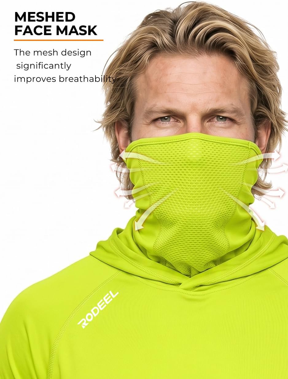 Rodeel UPF 50+ Men’s Long Sleeve Performance Fishing Hiking Shirt with Mask UV Neck Gaiter Hoodie