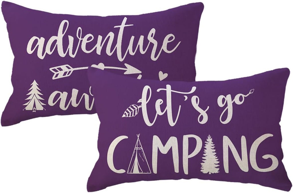Adventure Camper Decorative Lumbar Pillowcase Double-sided Let’s Go Camping/Adventure Awaits Throw Pillow Covers Cabin/Camper Cushion Covers 12x20,2Pack for Sofa/Couch/Porch (Purple)