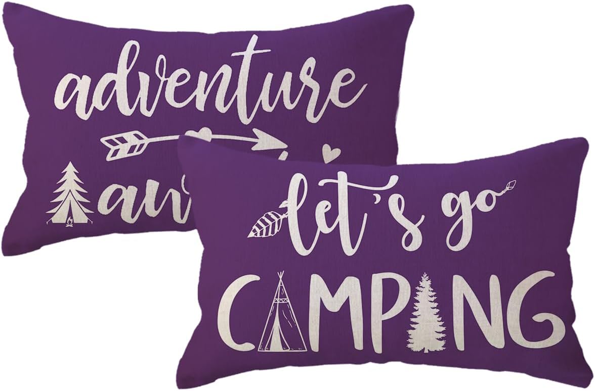 Adventure Camper Decorative Lumbar Pillowcase Double-sided Let’s Go Camping/Adventure Awaits Throw Pillow Covers Cabin/Camper Cushion Covers 12x20,2Pack for Sofa/Couch/Porch (Purple)