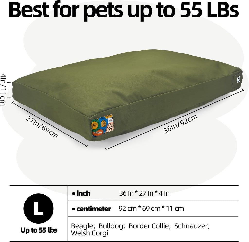 Sytopia 36 Inch Canvas Outdoor Dog Bed for Large Dogs, Durable Dog Bed with Waterproof Machine Washable Removable Cover, Indoor Patio Pet Pad for Crate, Green