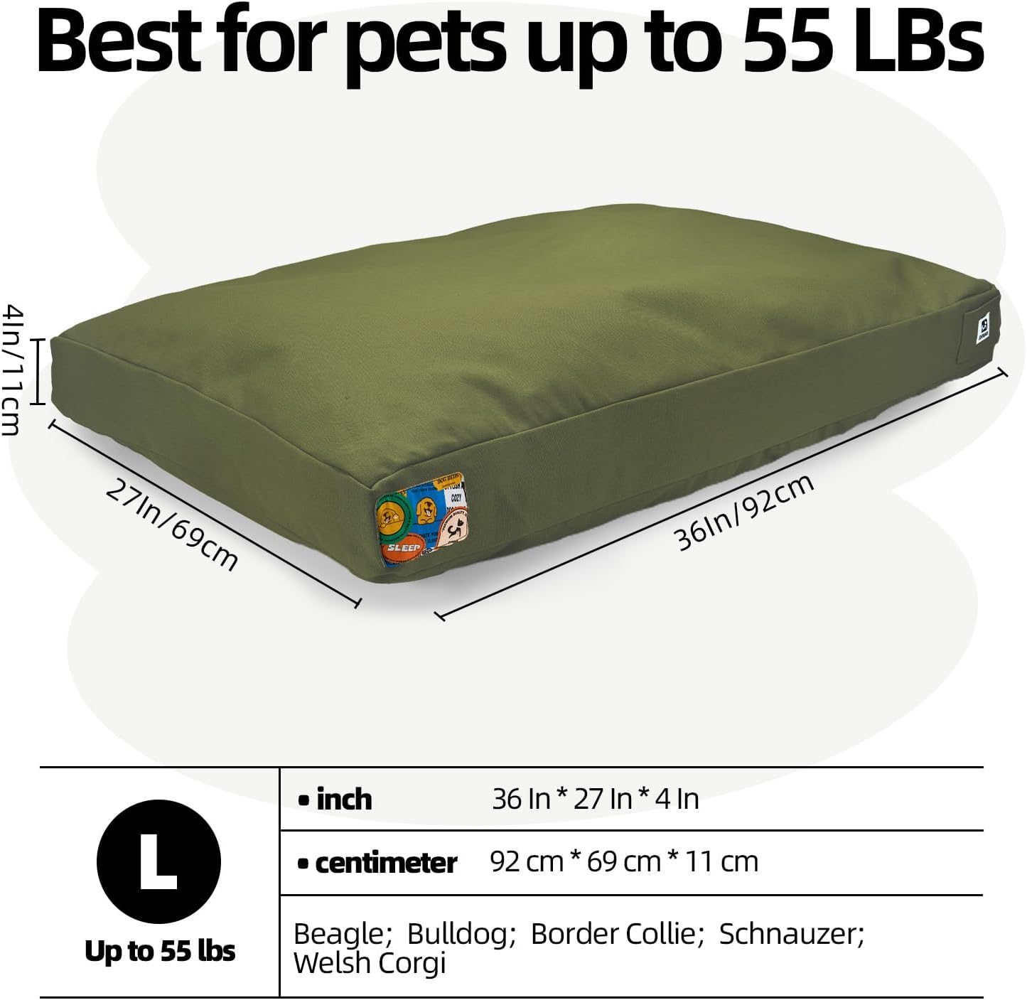 Sytopia 36 Inch Canvas Outdoor Dog Bed for Large Dogs, Durable Dog Bed with Waterproof Machine Washable Removable Cover, Indoor Patio Pet Pad for Crate, Green
