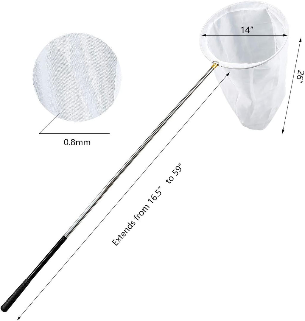 Professional Insect and Butterfly Net with 14" Ring, 26" Net Depth, 59" Telescopic Handle Full Extends to 73" Stainless Lockable