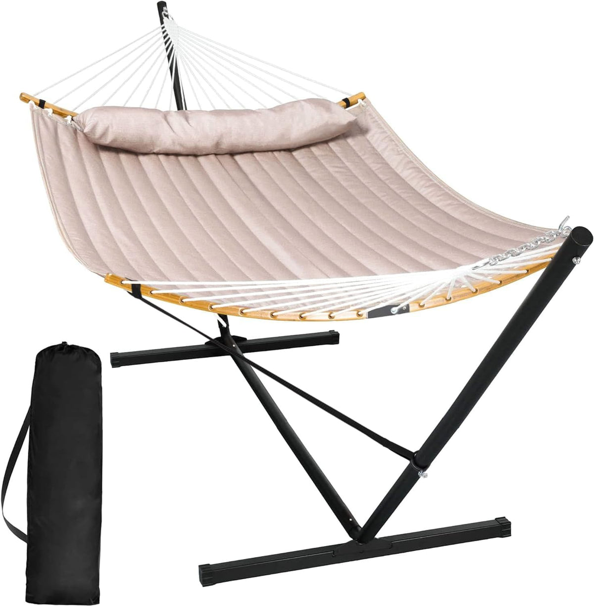 SUNCREAT Double Portable Hammock with Stand, 2 Person Hammock with Curved Spreader Bar, Balance Ropes Included, Dark Gray