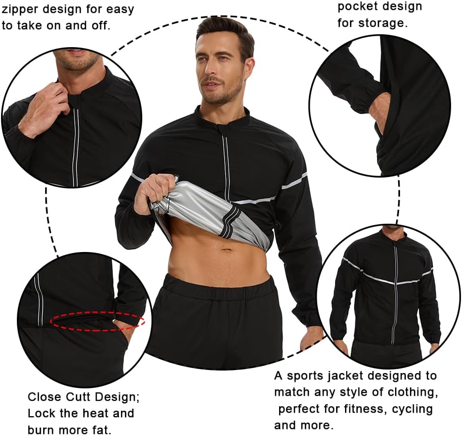 NINGMI Sauna Suit for Men Sweat Jacket Long Sleeve Shirt Zipper Workout Body Shaper Top Slimming Fitness Gym