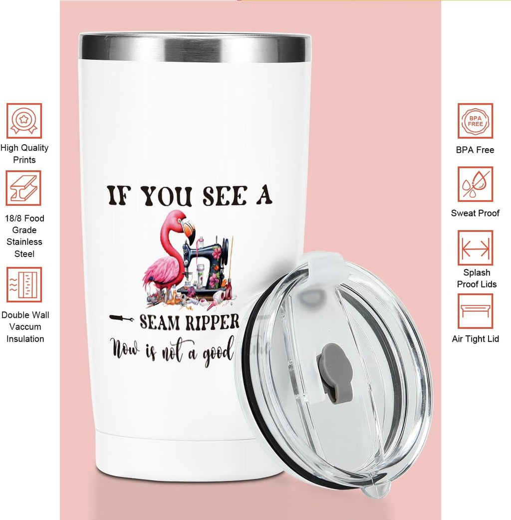 Funny Flamingo Gifts Sewing Accessories Travel Tumbler, Humorous Sewing Gifts 20 oz Stainless Steel Coffee Mug，Travel Cup，Insulated Cup with Lid for Car, Quilting Gift for Women Birthday Christmas
