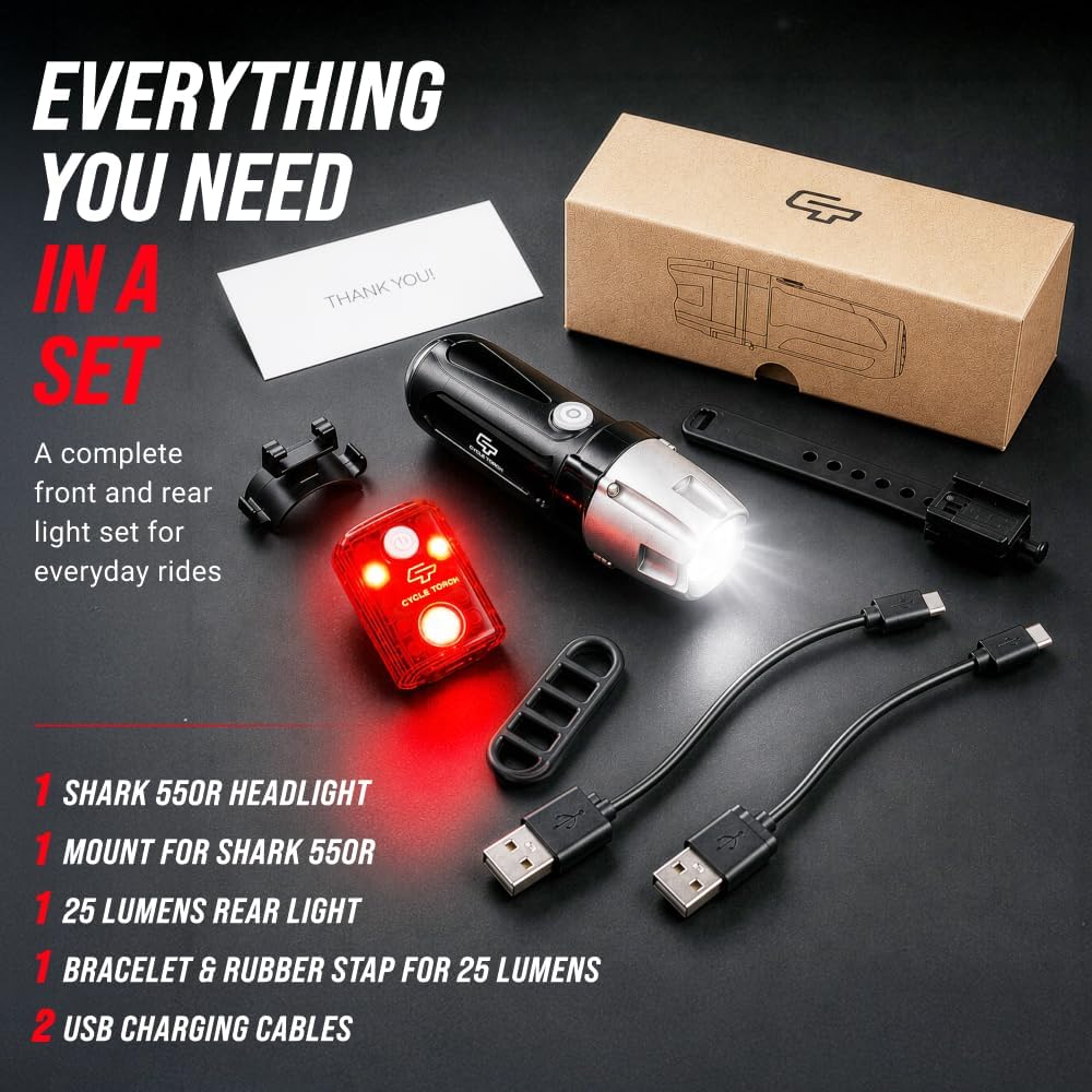 Bike Lights for Night Riding, USB Rechargeable Shark 550 Ultra Bright LED Bike Lights Front and Back Safety Tail Light Included, Bicycle Light Compatible with Mountain, Road, Kids & City Bicycles