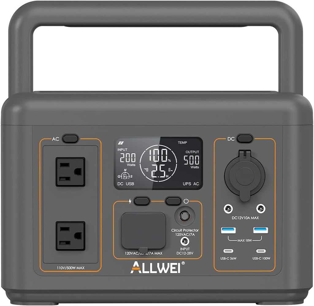 ALLWEI Portable Power Station 500W, 512Wh LiFePO4 Battery UPS Backup Power