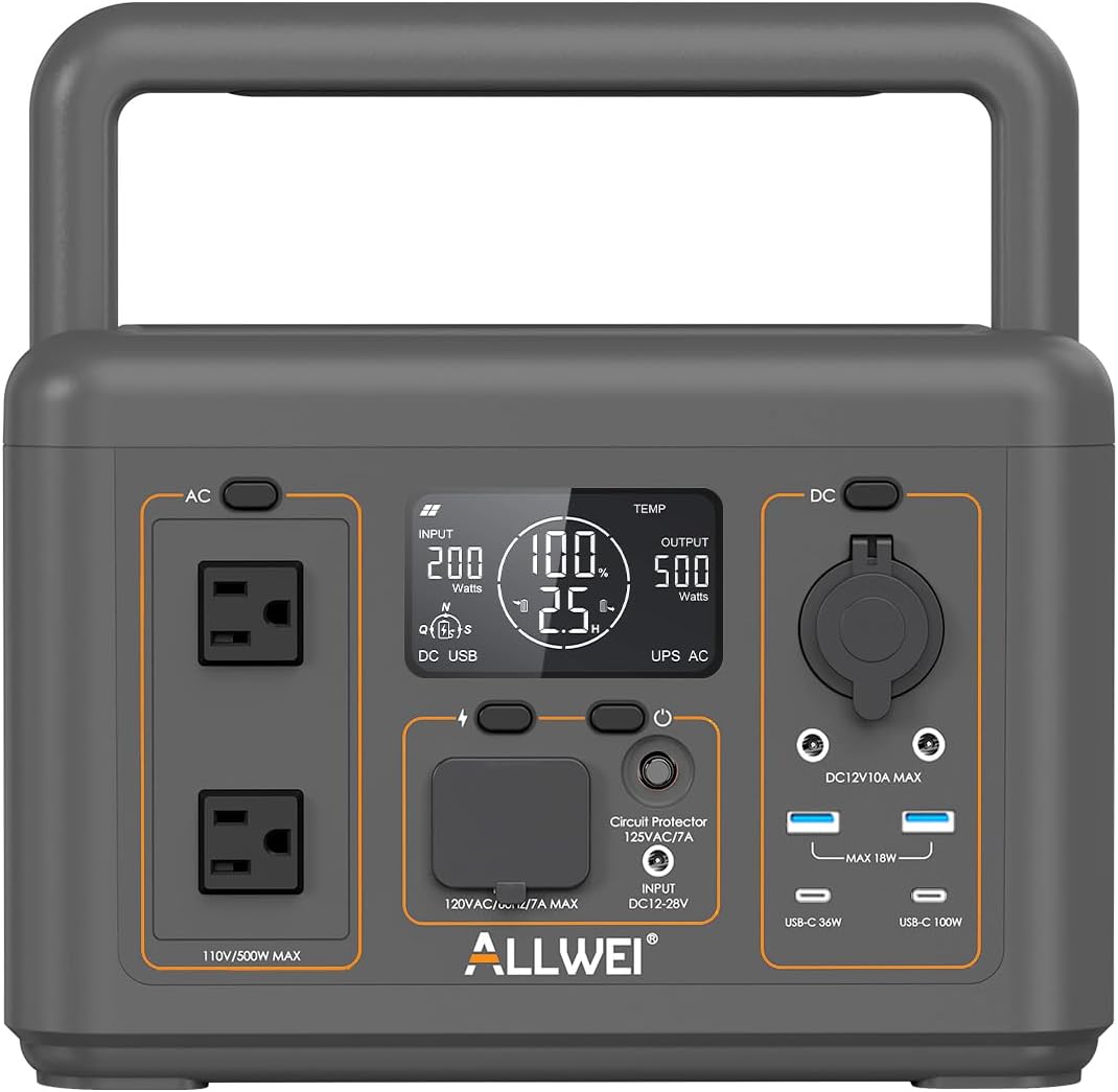 ALLWEI Portable Power Station 500W, 512Wh LiFePO4 Battery UPS Backup Power