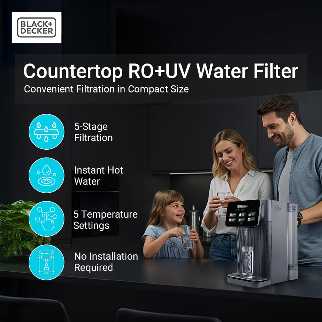 BLACK+DECKER Countertop Reverse Osmosis (RO)+UV Water Filter System, Hot & Ambient Water — 5 Temperature Settings, 5-Stage Filtration, IAPMO & NSF/ANSI 58 Certified, No Installation Required, Portable