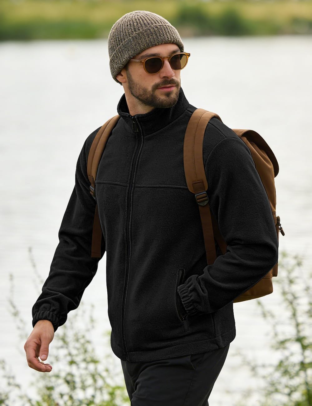 Mens Polar Fleece Jacket Full Zip Lightweight Casual Outdoor Jackets Stand Collar Warm Coats with Pockets