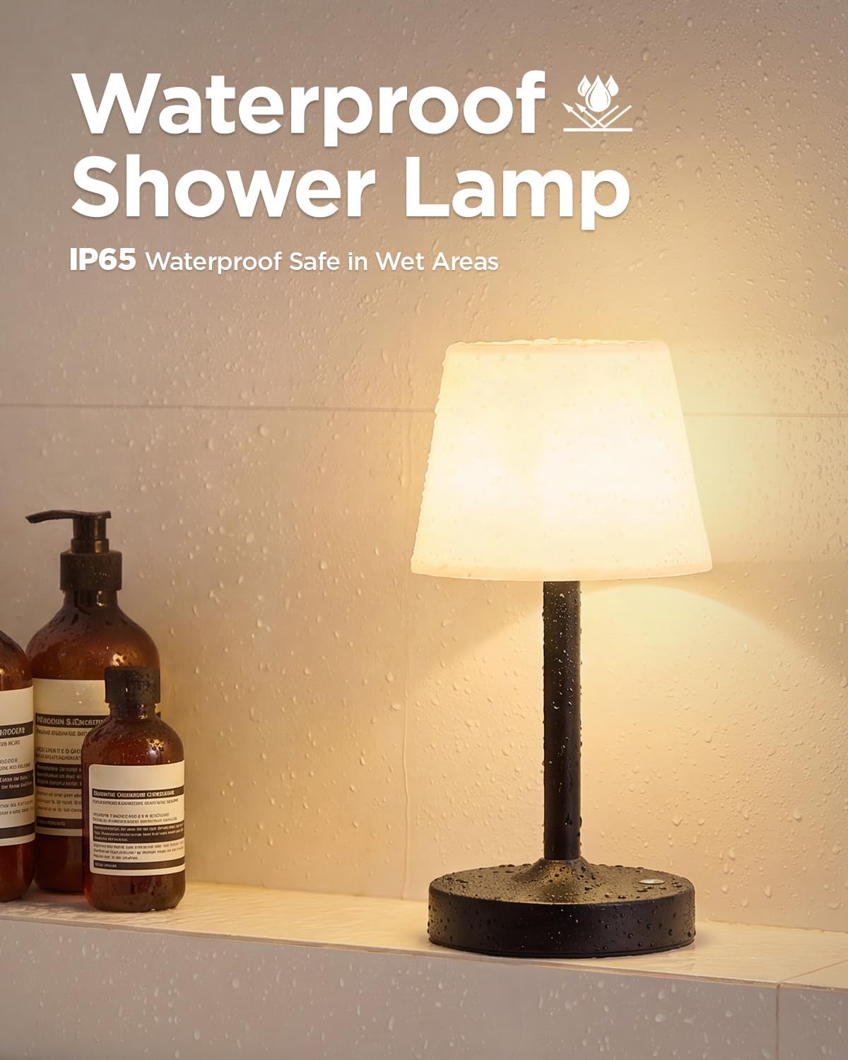 IP65 Waterproof Rechargeable Shower Lamp, Cordless Bathroom Touch Lamps