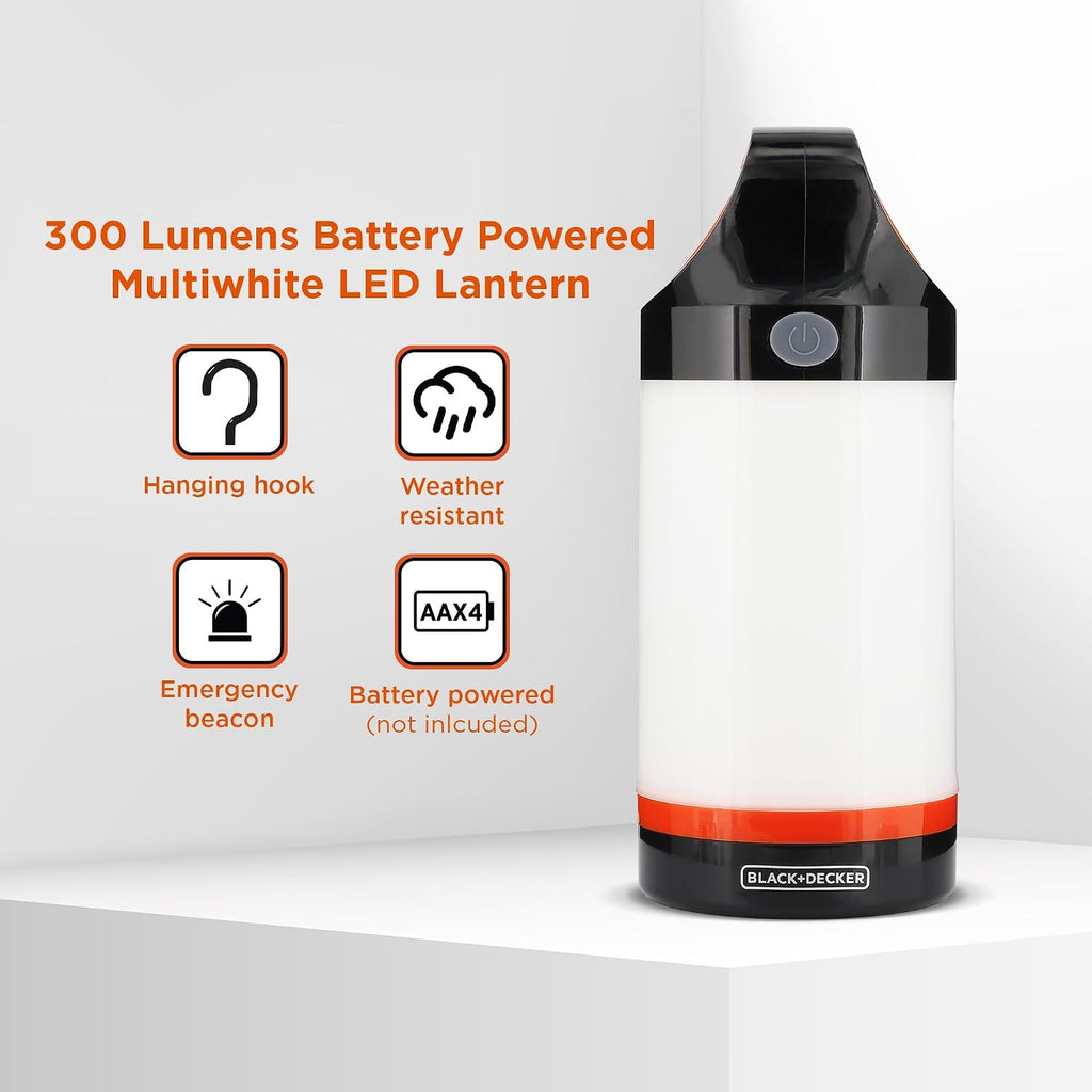 BLACK+DECKER LED Lantern 2-Pack, 300 Lumens 360° Flashlight for Camping with SOS Mode, 12 Hours AA Battery Powered, Multiwhite, Hook, 5 Modes, IP65 Waterproof Camping Essentials Tent Light, Blackouts