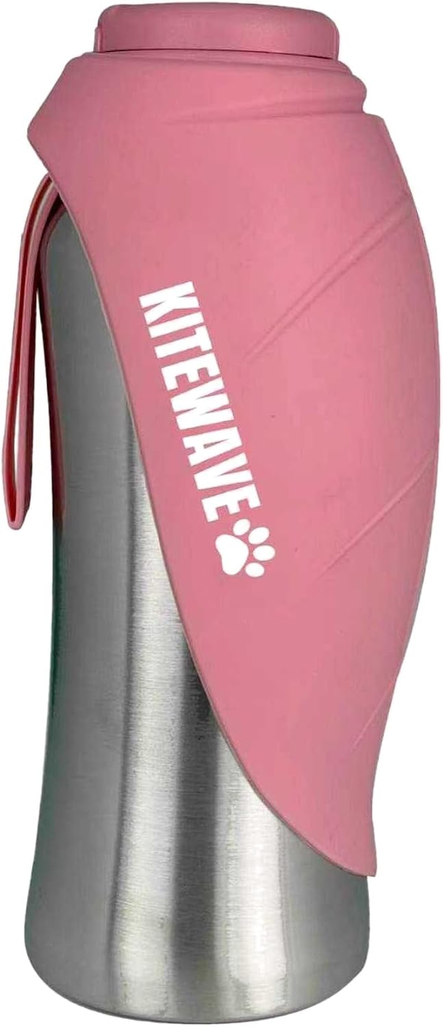 Kitewave Portable Dog Water Bottle, 27 oz Stainless Steel Pet Water Bottle with Flip-Up Leaf Bowl, Leakproof One-Press Dispenser for Walking, Hiking & Travel, BPA-Free, All Dog Breeds (Silver)