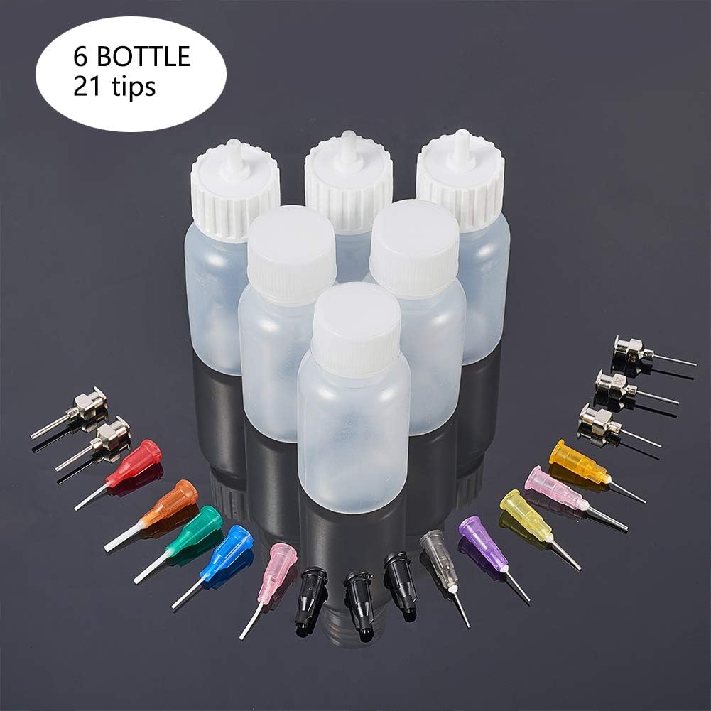 BENECREAT 6 Packs 1oz DIY Precision Tip Applicator Bottles 15PCS Stainless Steel PP Blunt Needle Tips, 6PCS Stoppers, 2PCS Syringe for Quiling Glue Work