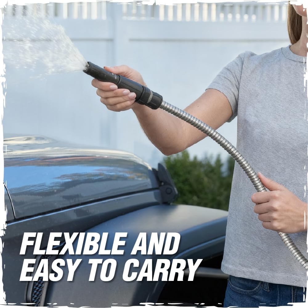 RUGGED RHINO Metal Garden Hose with Spray Nozzle, 50FT, 304 Stainless Steel, 750 PSI Burst Strength, Heavy Duty Flexible Water Hose, Kink Resistant, Leakproof for Yard, Lawn and Outdoor Use, Silver