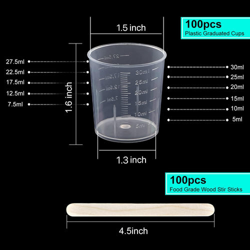 100 Pack 30ml/1oz Transparent Measuring Cups Reusable Clear Plastic Graduated Epoxy Mixing Cups with 100 Pack Wooden Stirring Sticks for Liquids Resin, Epoxy, Stain, Mixing Paint, School Labs
