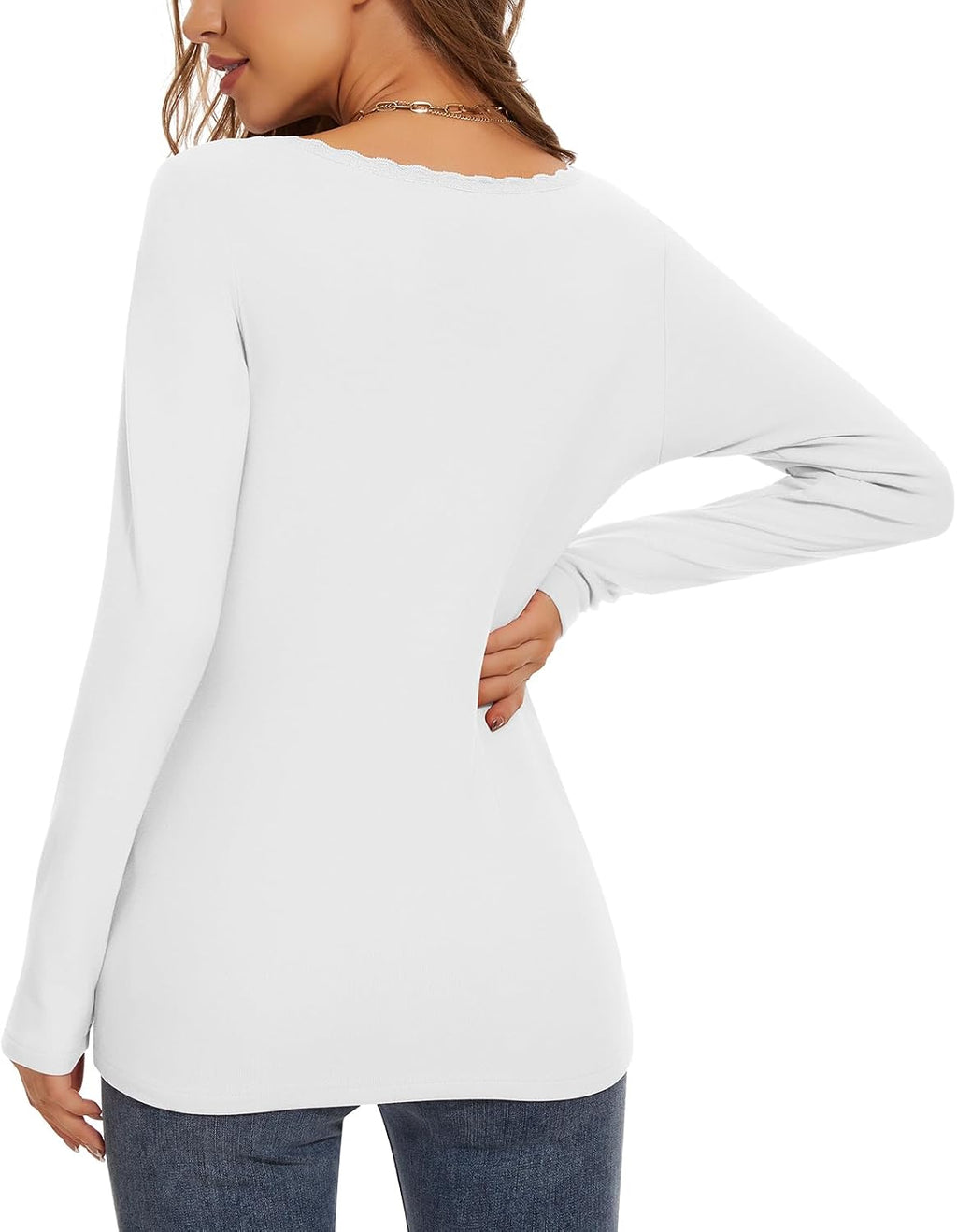 WOWENY Women Thermal Long Sleeve Shirt Fleece Lined Basic Fitted Tops Lace V Neck Undershirts Winter Tight Base Layer