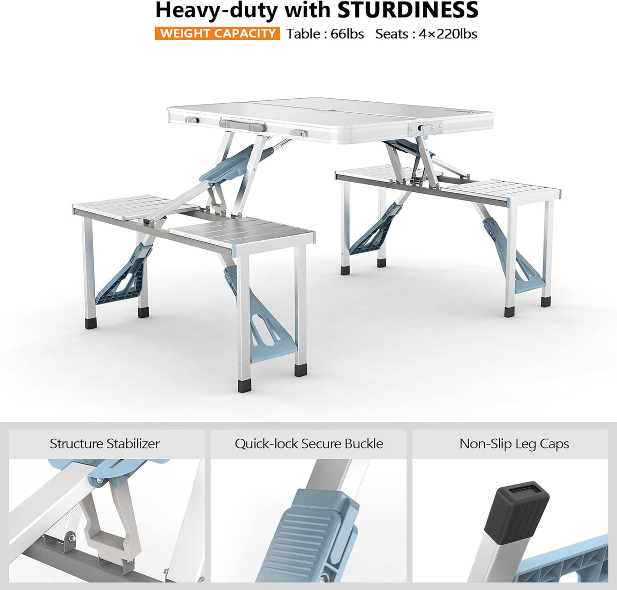 VINGLI 4Ft Folding Camping Picnic Table with Seats/Umbrella Hole-265 Lbs Support that Lightweight and Fold Up Card Suitcase Table Aluminum Alloy Frame, RV Tabletop with Soft Handl