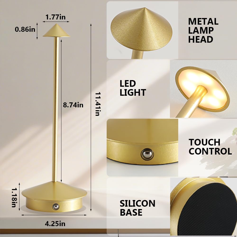 EJQ 2 Pack LED Rechargeable Cordless Table Lamps,Portable Outdoor 5000mAh Battery Operated Table Light Touch Control 3 Color Dimmable for Patio/Cofee/Restaurant/Camping/Dining/Bedroom-Gold