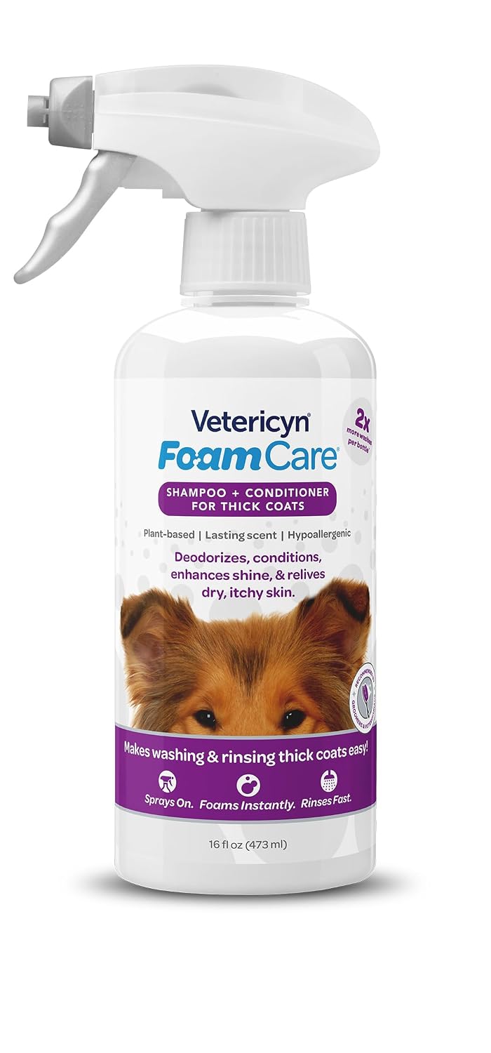 Vetericyn FoamCare Dog Shampoo and Conditioner - Instant Foaming, Spray-On Hypoallergenic Shampoo, Plant-Based Formula for Dogs and Cats. 16 Ounce