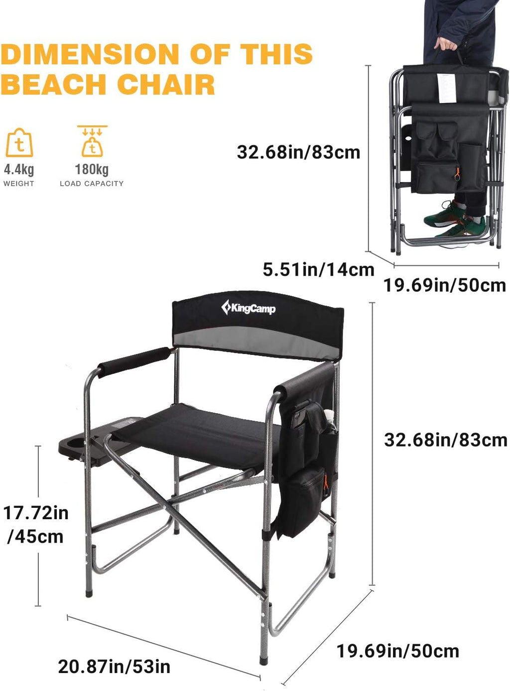KingCamp Heavy Duty Camping Directors Chairs Supports 400lbs for Adults, Padded Folding Portable Camping Chair with Side Table Storage Pockets Carry Straps