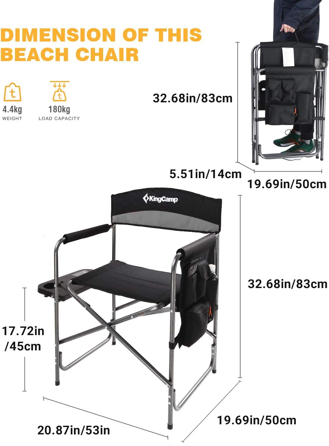 KingCamp Heavy Duty Camping Directors Chairs Supports 400lbs for Adults, Padded Folding Portable Camping Chair with Side Table Storage Pockets Carry Straps