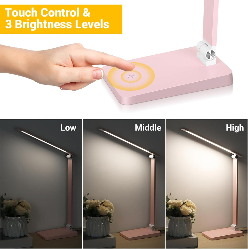 LED Desk Lamp for Home Office, 3 Levels Dimmable Desk Light with USB Charging Port, Reading Lamp for Table Study Work Office Nail Craft Puzzle, Pink, 5000K