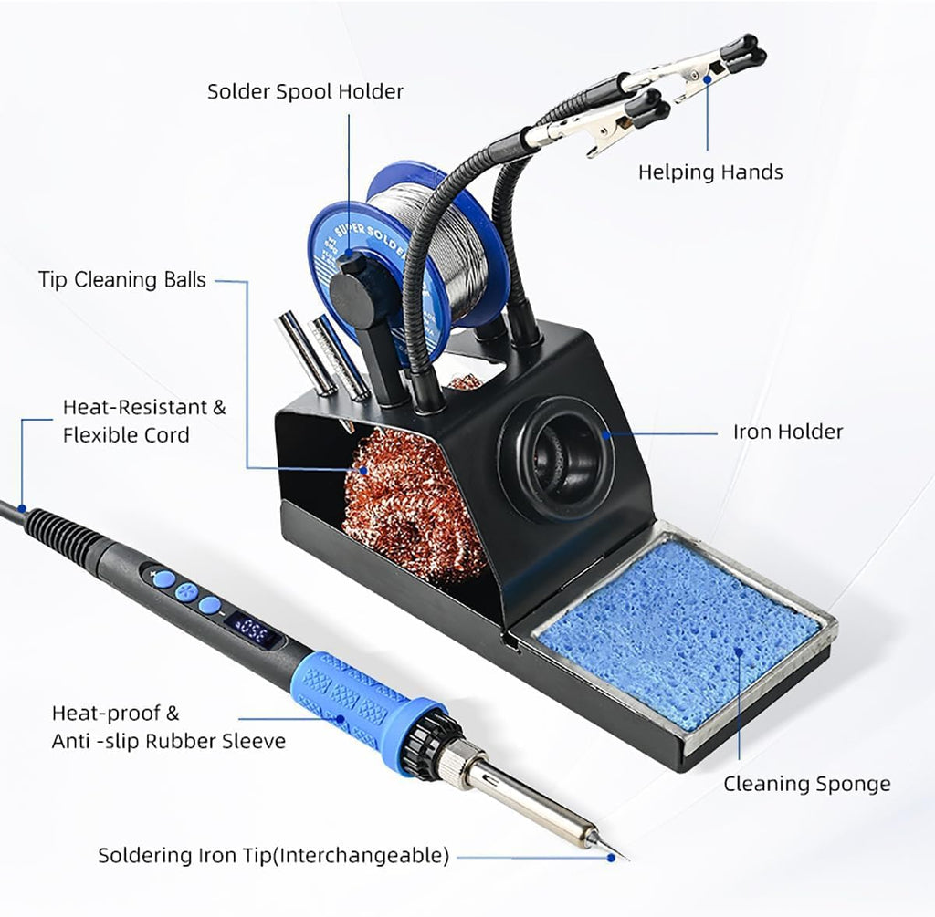 Soldering Iron Kit, 100W High Power LCD Soldering Iron, 2 Helping Hands Soldering, Flux, Iron Tips, Tin Wires, Solder Sucker, Tweezers. °C/℉ Conversion, Auto Sleep，Temperature Calibration