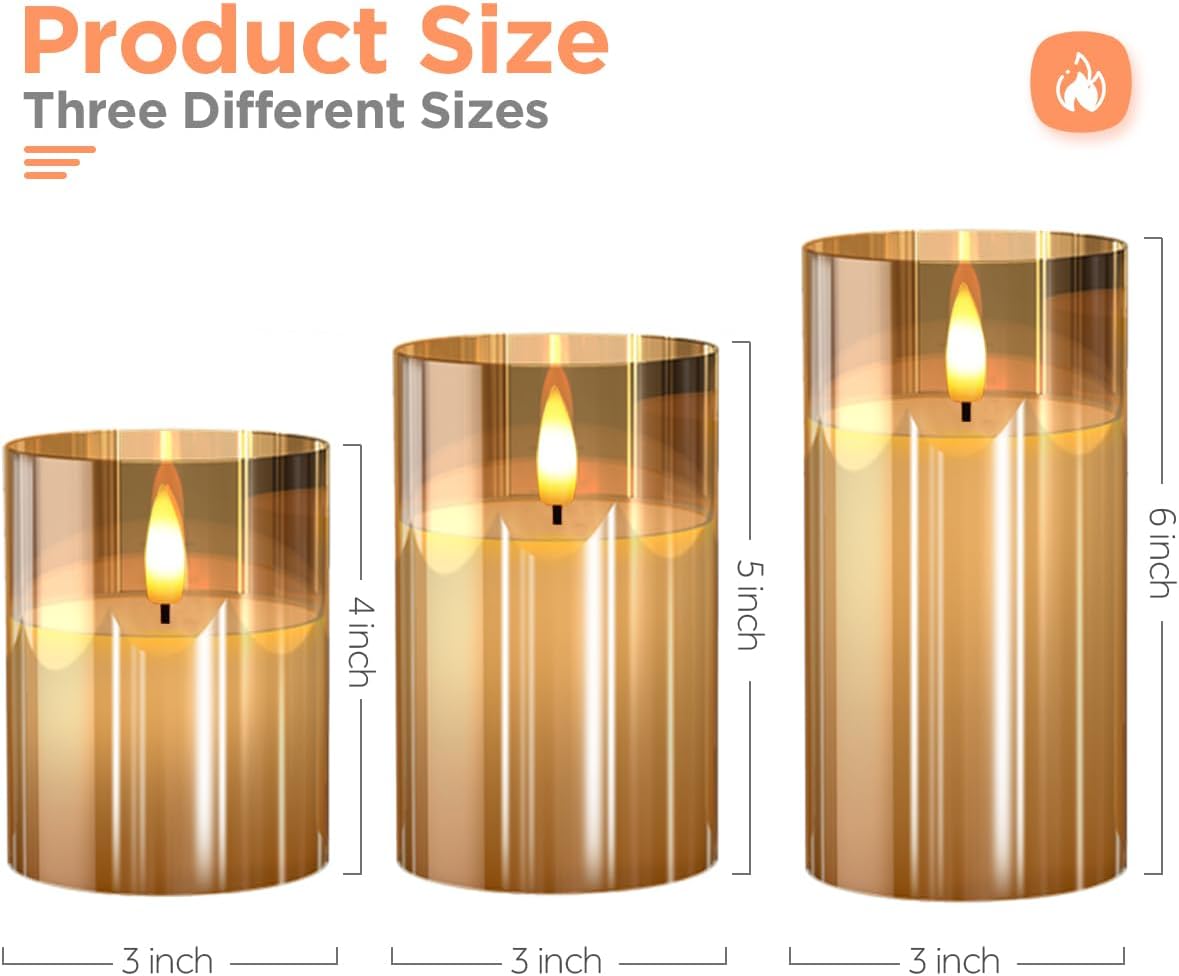 Tyawon Glass Battery Operated LED Flameless Candles with Remote and Timer, Real Wax Candles Warm Color Flickering Light for Festival Wedding Home Party Decor(Pack of 3)-Gold