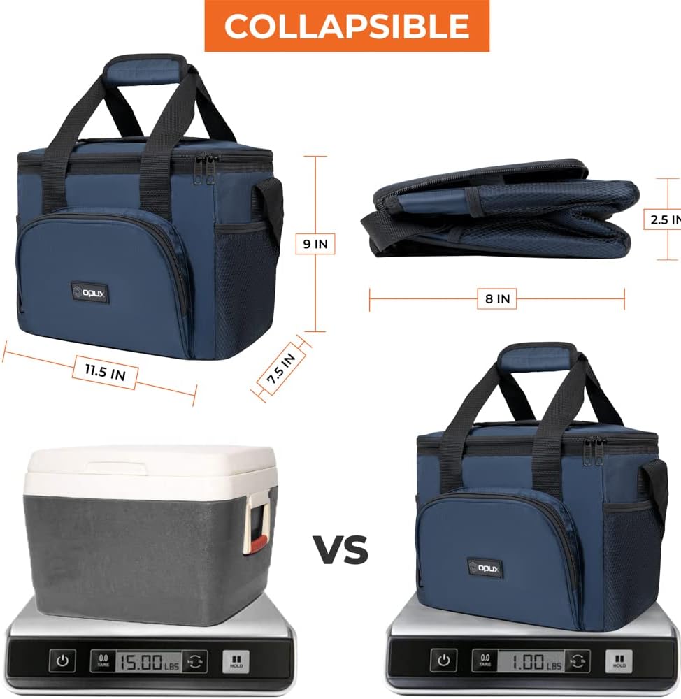 OPUX Soft Cooler Bag, Insulated Collapsible Lunch Cooler Bag for Men Work Camping Beach Travel, Portable Soft Sided Leakproof Waterproof Large Lunch Bag Box with Shoulder Strap 18 Cans, Navy Blue