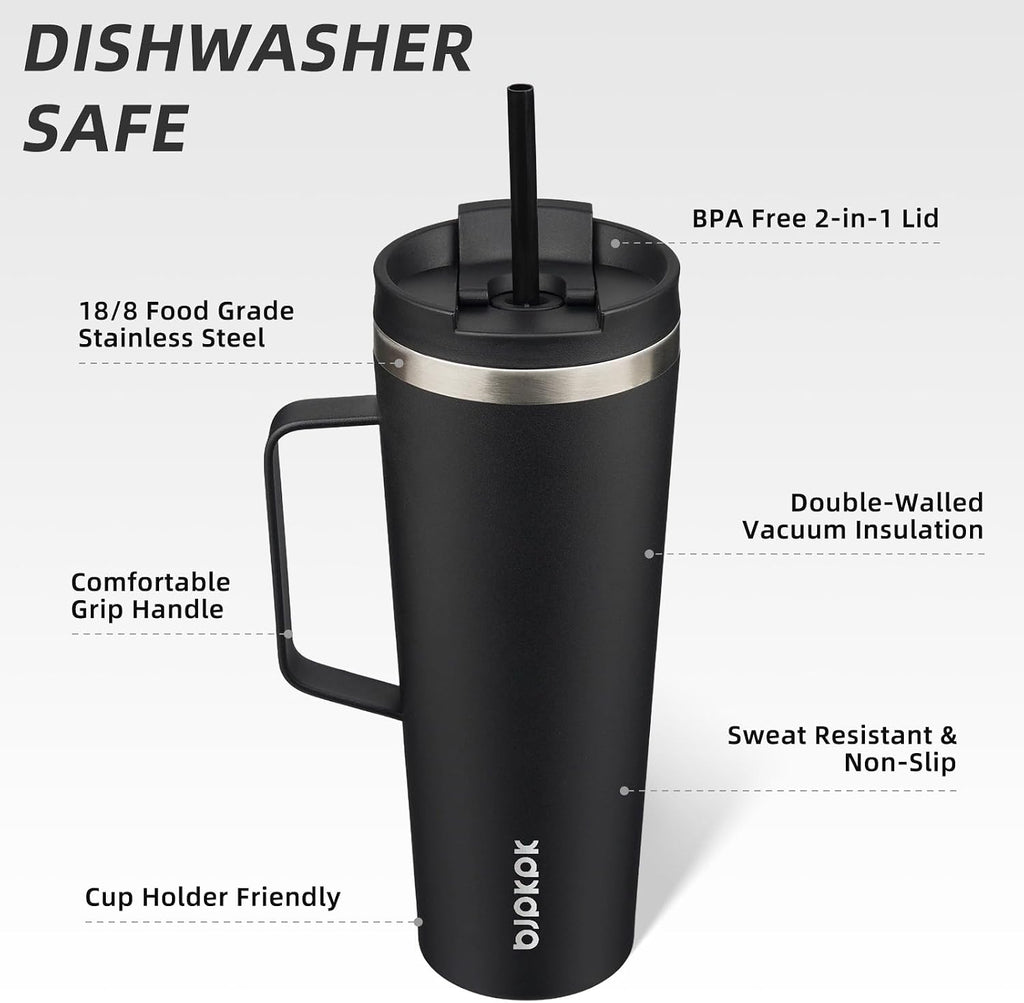 BJPKPK 26oz Insulated Tumbler with Handle, Lid & Straw, Stainless Steel