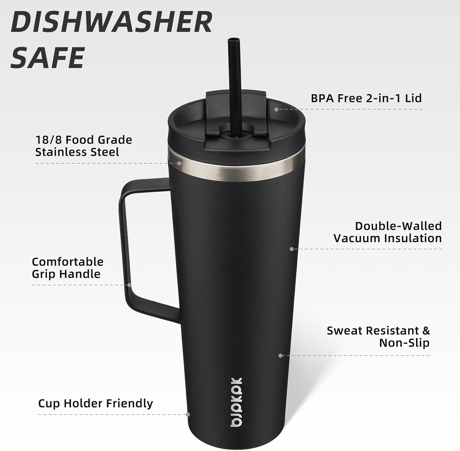 BJPKPK 26oz Insulated Tumbler with Handle, Lid & Straw, Stainless Steel