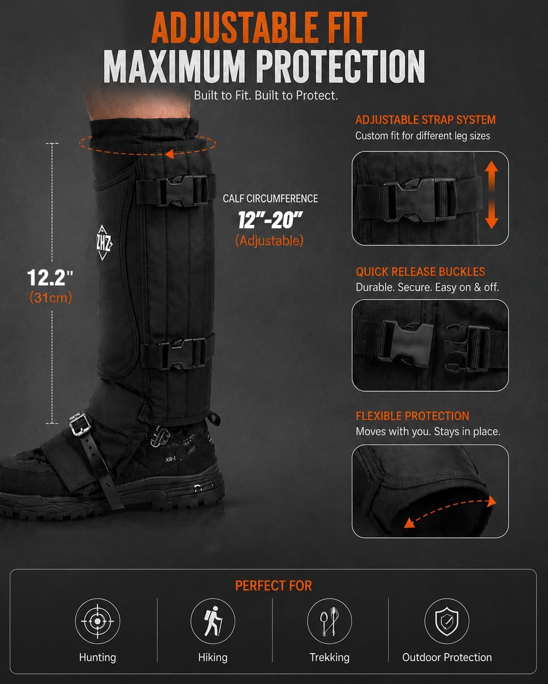 ZHZ Snake Gaiters, Durable Waterproof Snake Chaps for Lower Leg Protection, Adjustable Snake Guards for Men & Women, Ideal for Hiking, Camping & Farm Work