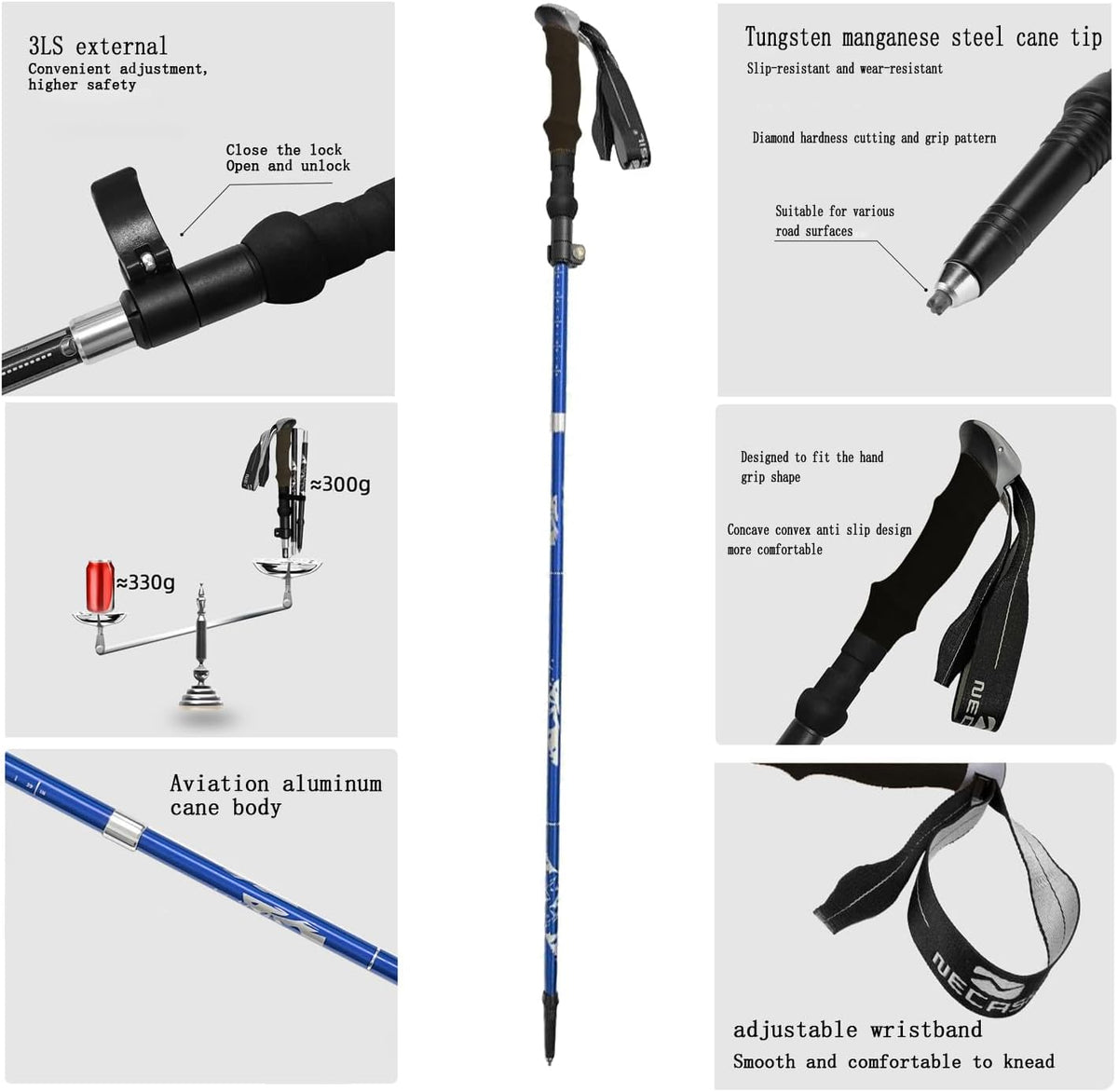 Outdoor Trekking Poles, Aviation Aluminum, 5-Section Collapsible, Adjustable 37-54 in, Lightweight with Tungsten Steel Tip