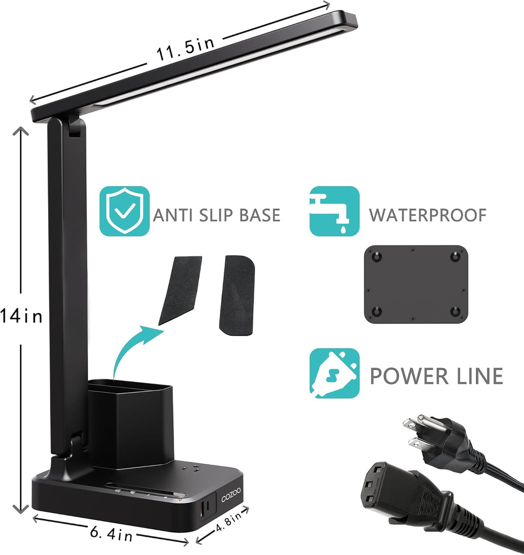 cozoo LED Desk Lamp USB A/C AC Pen Holder Dorm Home Office Desk Light Black