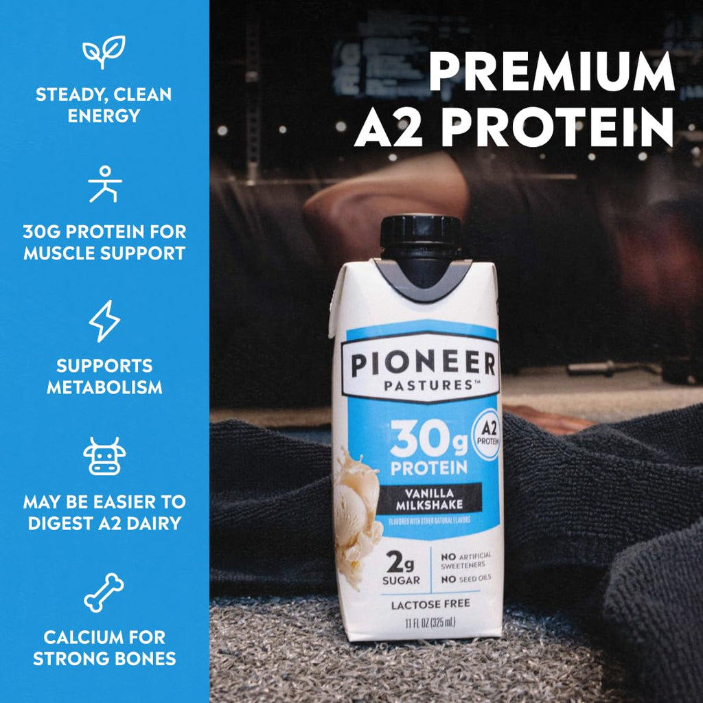 Pioneer Pastures High Protein A2 Milkshakes, Vanilla, 11oz, 12 Pack