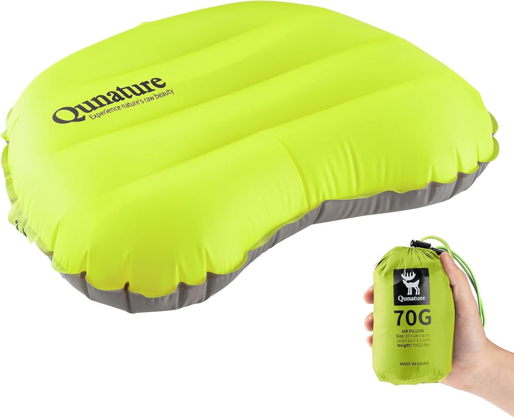 Ultralight Inflatable Camping Pillow, 70g Adjustable TPU Cushion, 20D Nylon Durable, Ergonomic Baffle for Neck & Lumbar, Compact for Hiking Airplane, Lemon Green