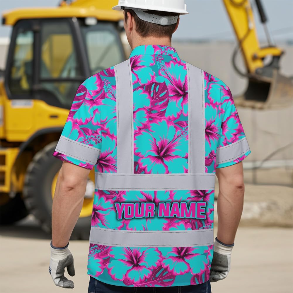 High Visibility Hawaiian Shirt for Men Tropical Shirts Custom Name Floral Outfit Reflective Safety Workwear