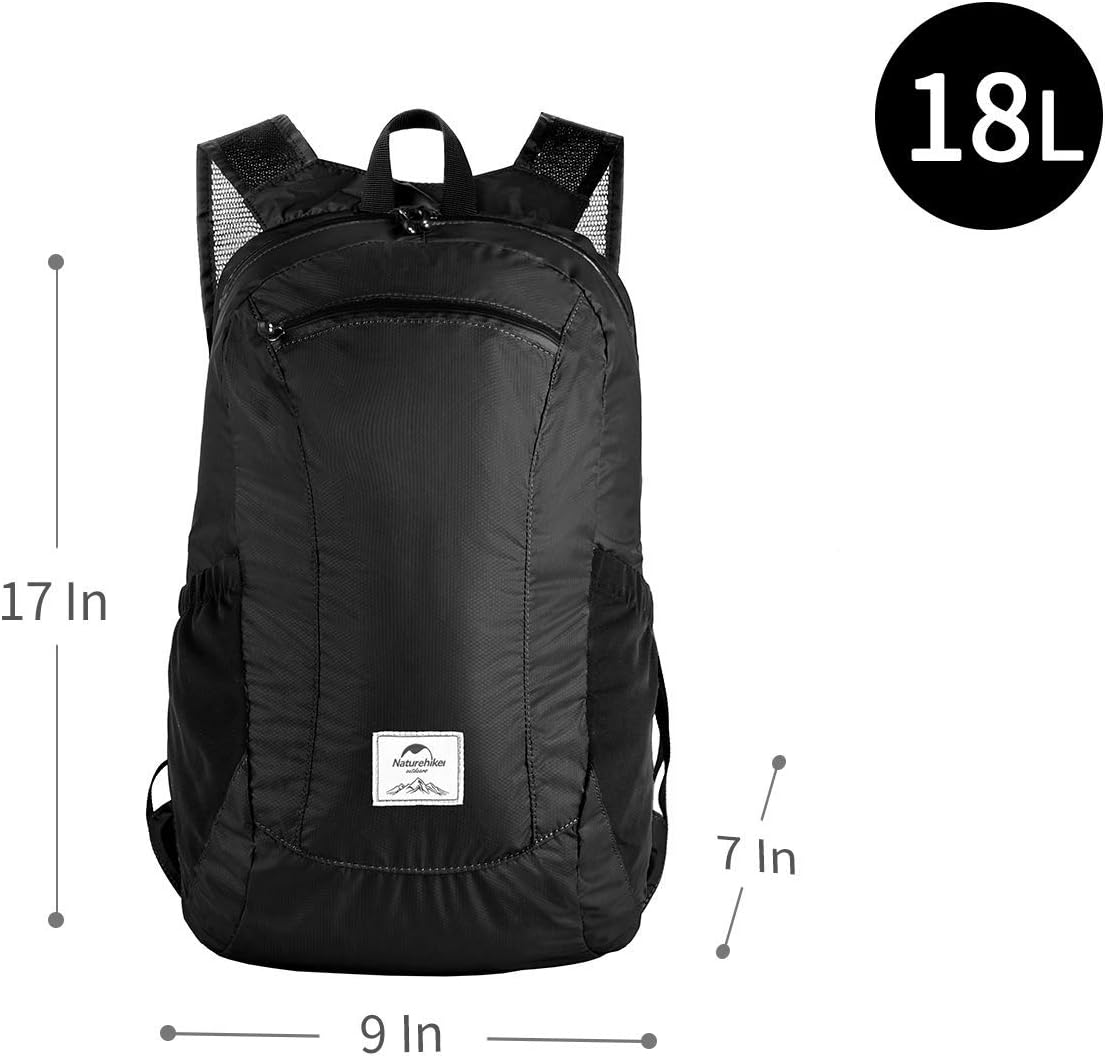 Naturehike 18L Lightweight Hiking Backpack, Waterproof Camping Packable Backpack Ultralight for Travel, Airplane, Small Hiking Daypack for Adults, Black