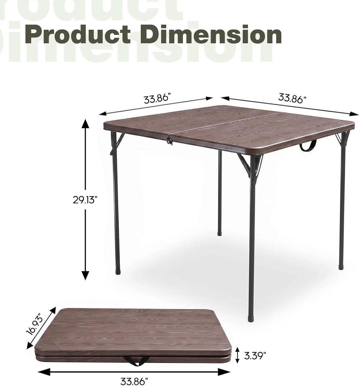 34" Square Folding Table for 4 Person, 330lbs Weight Capacity Foldable Table with HDPE Tabletop & Heavy-Duty Steel Legs, Portable Picnic Table for Indoor Outdoor Parties, Camping, Coffee Woodgrain