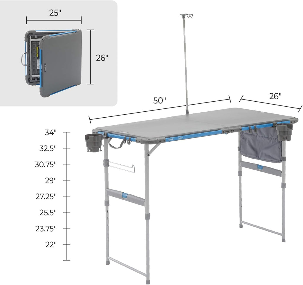 CORE Outdoor Camp Table | 4 Foot Table with Adjustable Height and Storage for Camping Accessories | Foldable & Portable for Beach, Picnic, Backyards, BBQ, Tailgate, Patio and Party