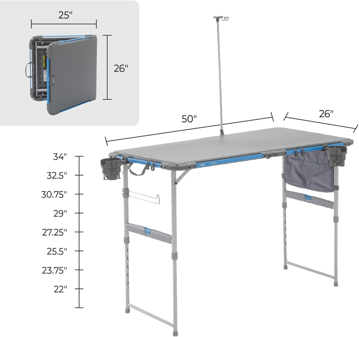CORE Outdoor Camp Table | 4 Foot Table with Adjustable Height and Storage for Camping Accessories | Foldable & Portable for Beach, Picnic, Backyards, BBQ, Tailgate, Patio and Party
