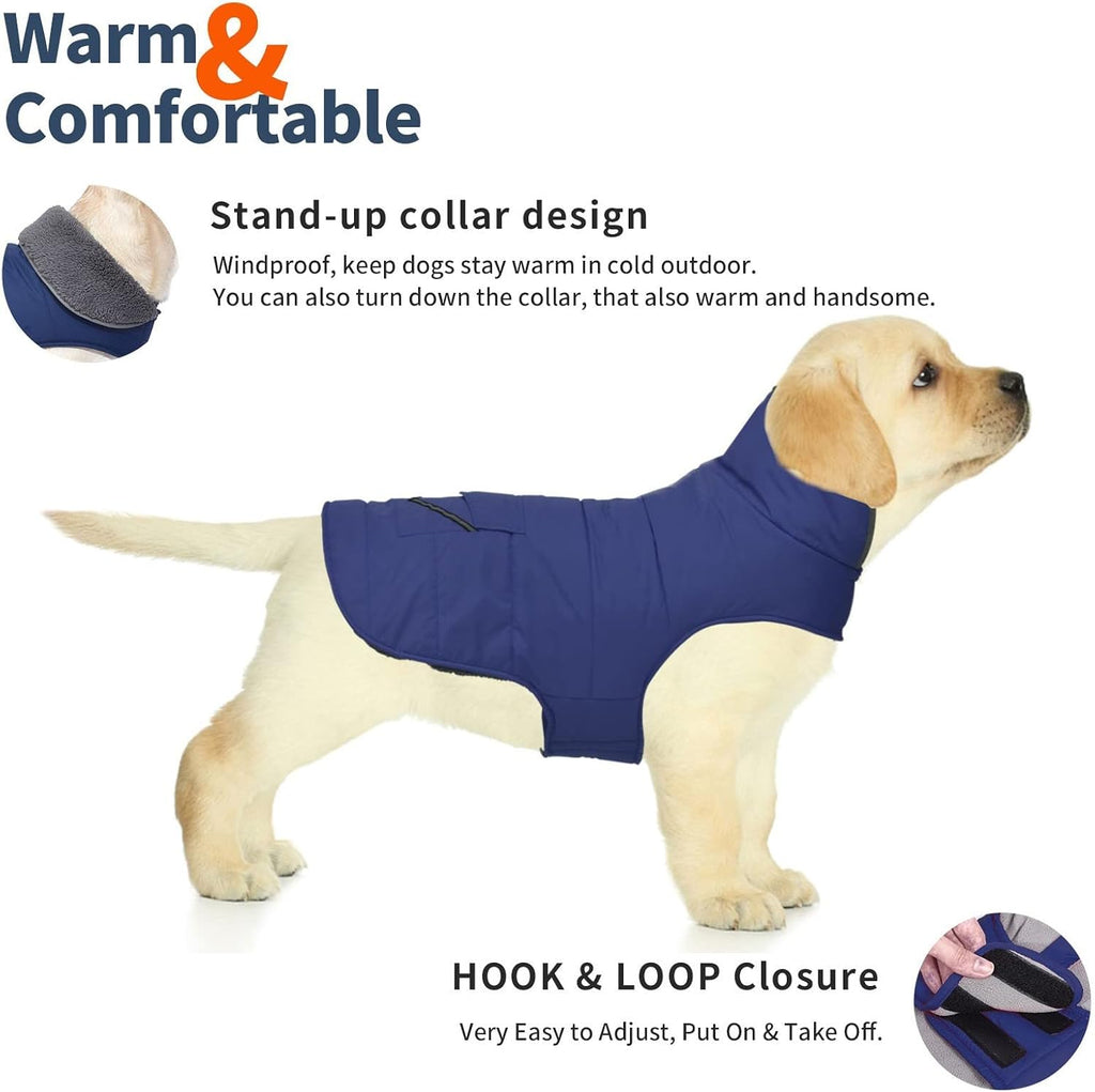 Petglad Dog Coat, Waterproof Dog Winter Jacket with Pocket, Reflective Adjustable Pet Snow Vest, Warm Cozy Fleece Sweater for Small Medium Extra Large Dogs - Blue, S