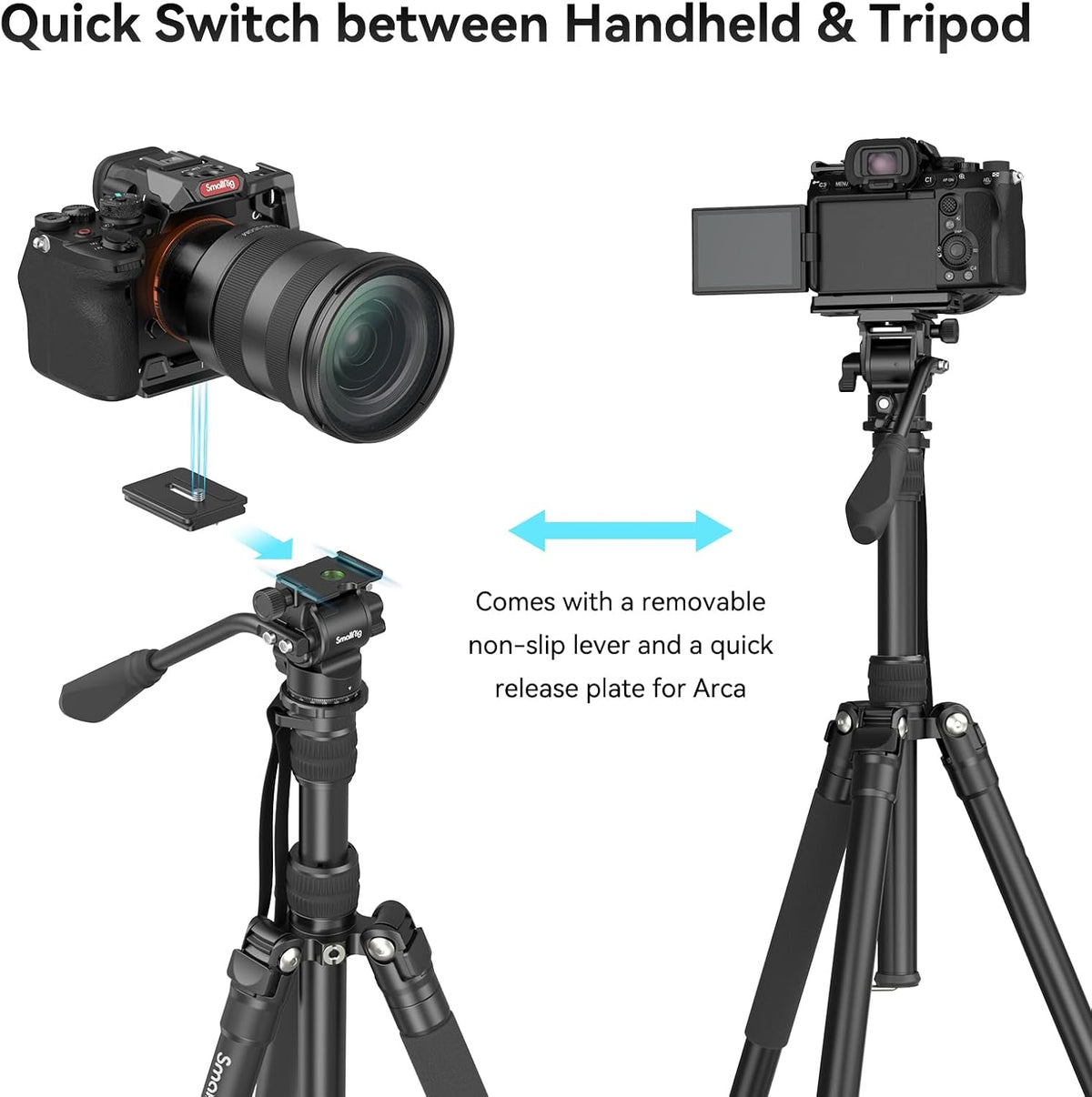 SmallRig CT180 Video Tripod, 72" Camera Tripod Monopod with Fluid Head, Aluminum Camera Tripod, 360° Panorama Fluid Head for Travel, Video, Live Streaming, Vlogging- 3760B