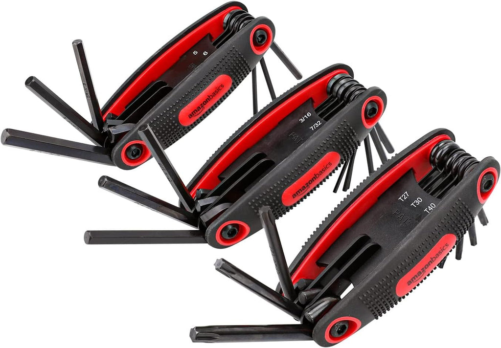 Amazon Basics Folding Hex Key Set, Metric, SAE, and Star Sizes, Chrome Vanadium Steel, 3-Pack