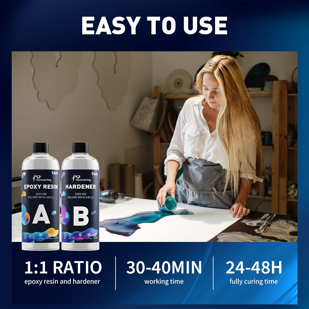 Honcaring Epoxy Resin 32OZ, Epoxy Resin Kit for Beginner, Clear Resin Epoxy for Crafts, DIY Jewelry Making, Mixing Ratio 1:1, Bubble Free & No Yellowing(16OZ×2)