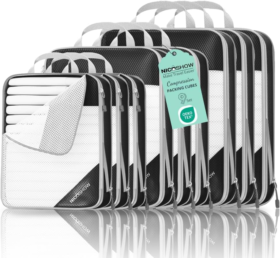 NICOSHOW Compression Packing Cubes 6 Set, Compressible Space-Saving Packing Cubes for Travel - Compression Bags, Luggage Organizer, Travel Essentials for Women, Bluish Purple