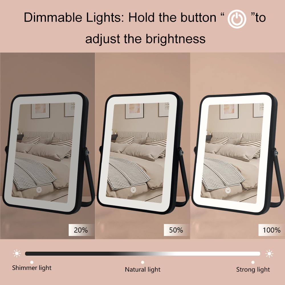 YEKKOPT Rechargeable Makeup Vanity Mirror with Lights, Small Desk Makeup Mirror with Lights, 3 Lighting Modes, Dimmable Touch Screen, Tabletop Light up Mirror