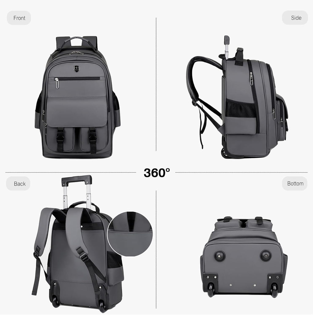 FANDARE Rolling Laptop Backpack Convertible Luggage Backpack with Wheels Travel Daypacks Multi-Functional Carry-On for Business Trip Men Lifestyle Outdoor Urban Waterproof PU Film Backpacks Grey