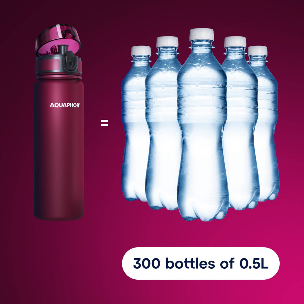 AQUAPHOR City Water Filter Bottle 17 oz | Reusable & Portable Filtered Water Bottle | BPA-Free | Perfect for Camping, Travel, Indoor & Outdoor Use | Ruby Red